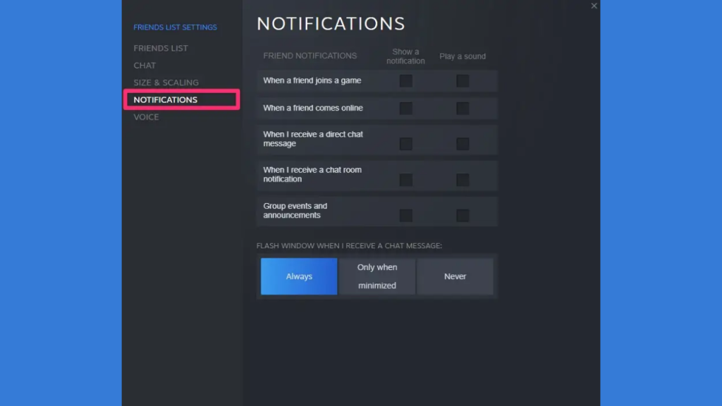 how to turn off notifications on steam